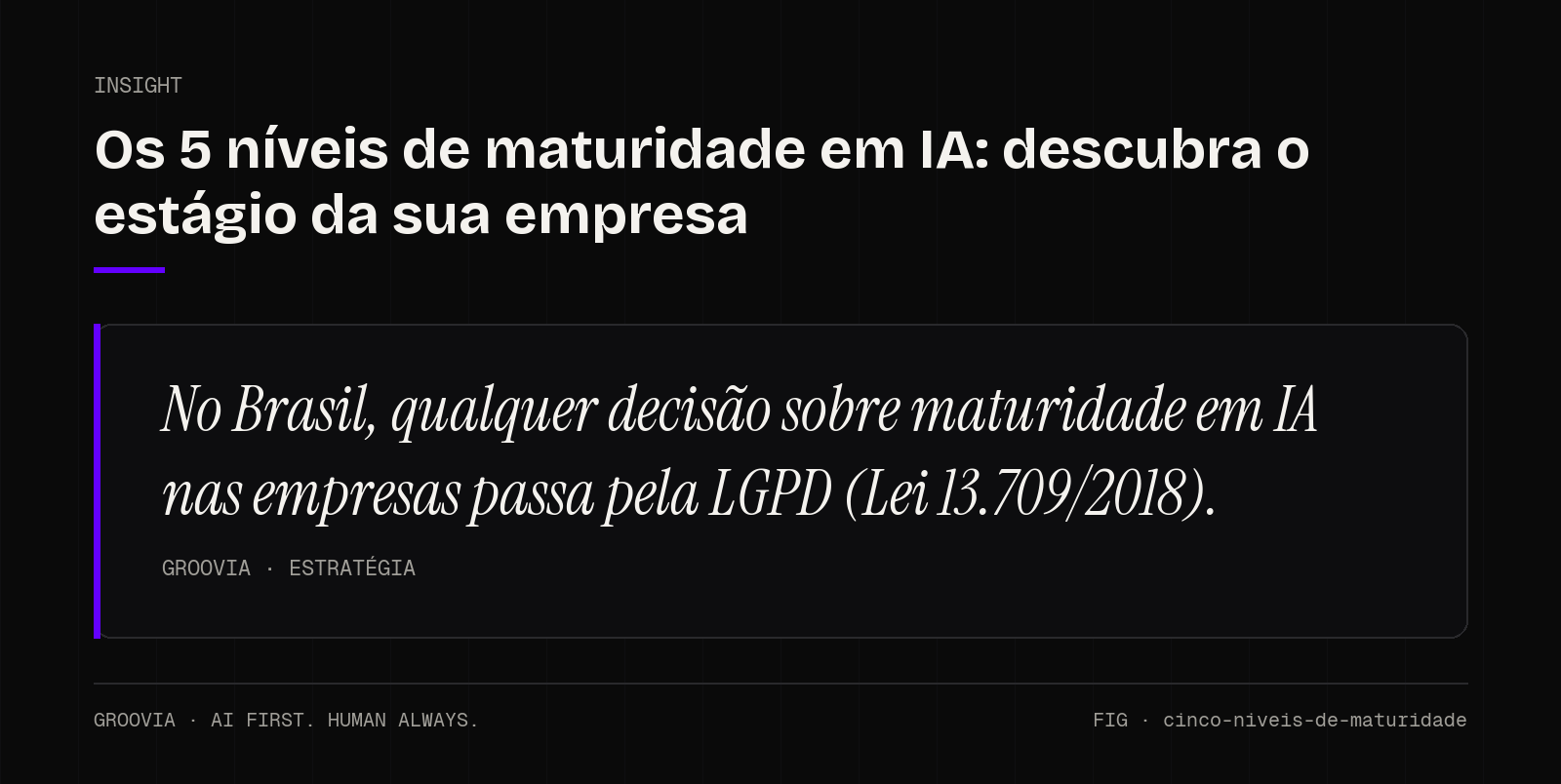 Insight sobre maturidade em IA nas empresas: No Brasil, qualquer decisão sobre maturidade em IA nas empresas passa pela LGPD (Lei 13.709/2018).