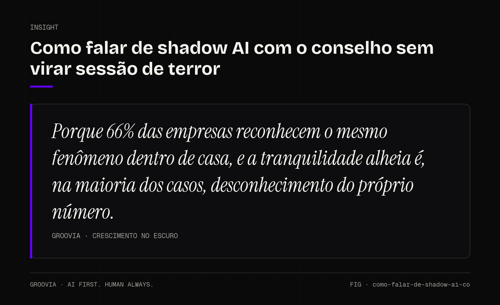 Insight sobre shadow AI no conselho: Porque 66% das empresas reconhecem o mesmo fenômeno dentro de casa, e a tranquilidade alheia é, na maioria dos casos, desconhecimento do próprio número.