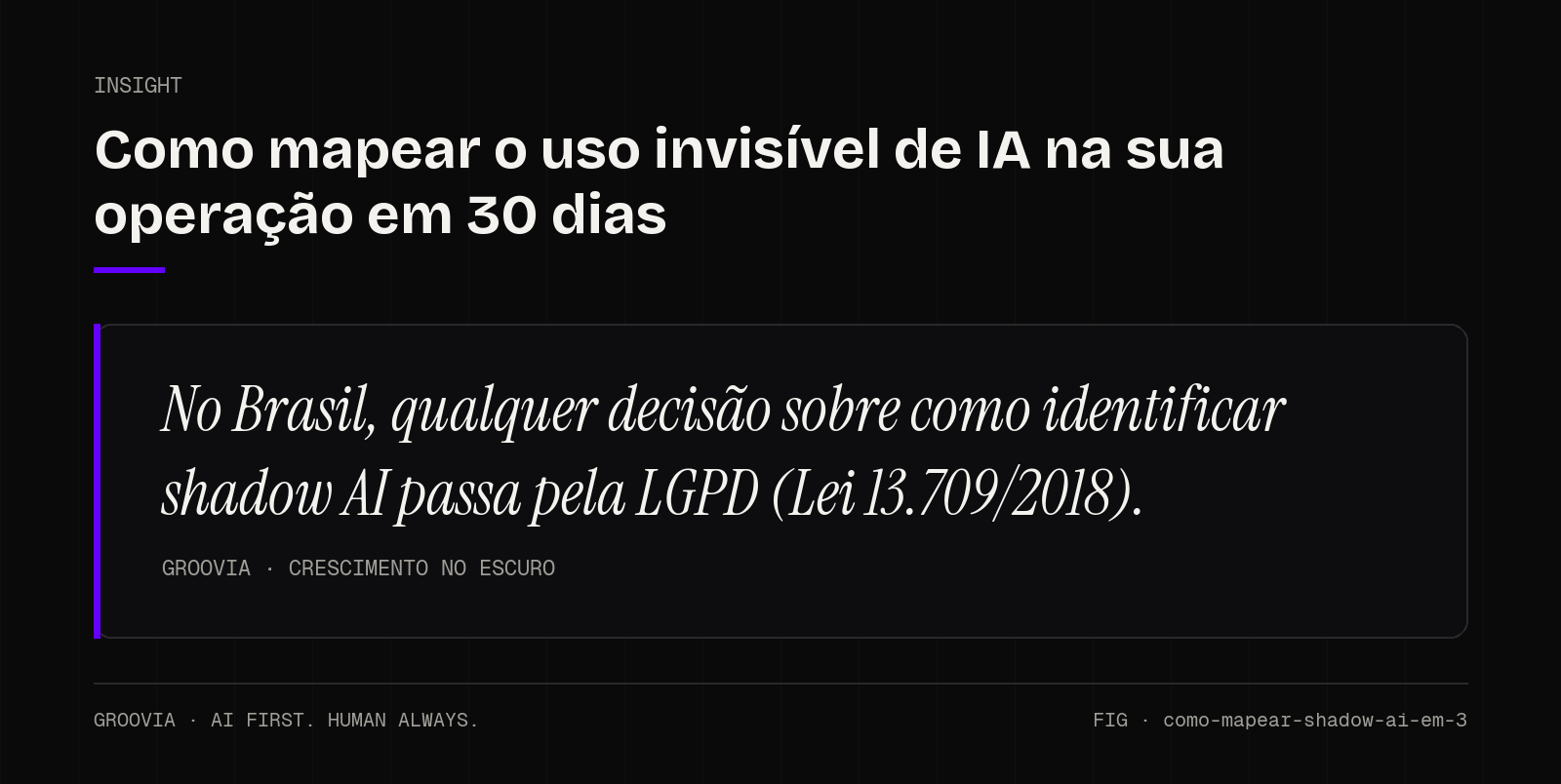 Insight sobre como identificar shadow AI: No Brasil, qualquer decisão sobre como identificar shadow AI passa pela LGPD (Lei 13.709/2018).