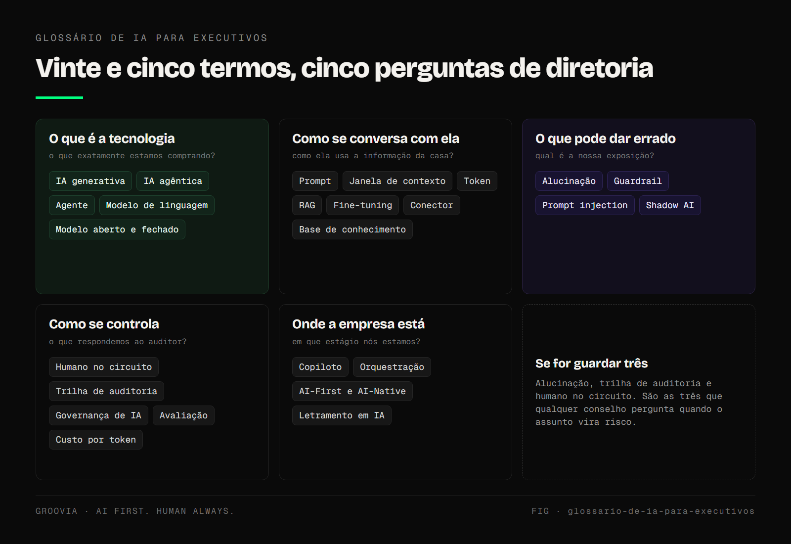 Os vinte e cinco termos agrupados em cinco perguntas de diretoria: o que é a tecnologia, como se conversa com ela, o que pode dar errado, como se controla e onde a empresa está.