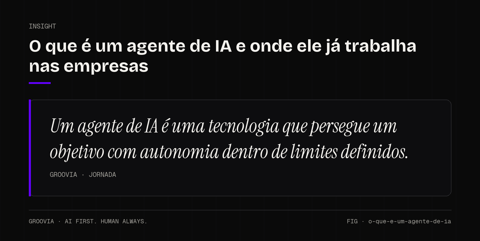 Insight sobre o que é um agente de IA: Um agente de IA é uma tecnologia que persegue um objetivo com autonomia dentro de limites definidos.