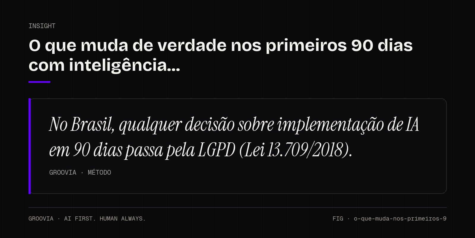 Insight sobre implementação de IA em 90 dias: No Brasil, qualquer decisão sobre implementação de IA em 90 dias passa pela LGPD (Lei 13.709/2018).
