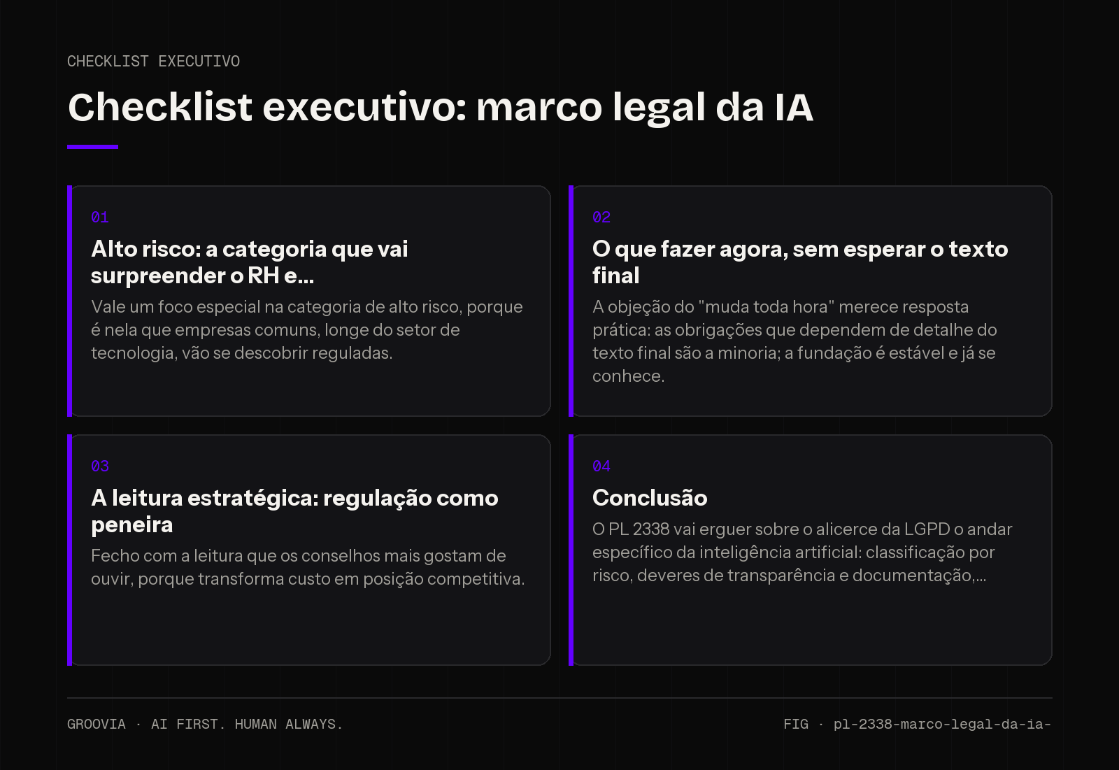 Checklist executivo sobre marco legal da IA para lideranças: Alto risco: a categoria que vai surpreender o RH e; O que fazer agora, sem esperar o texto final; A leitura estratégica: regulação como peneira;…