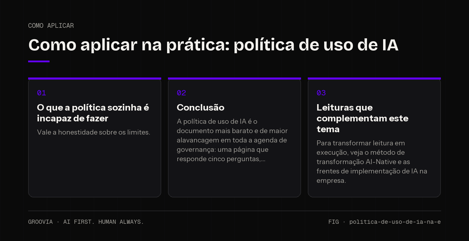 Plano de aplicação sobre política de uso de IA para lideranças: O que a política sozinha é incapaz de fazer; Conclusão; Leituras que complementam este tema