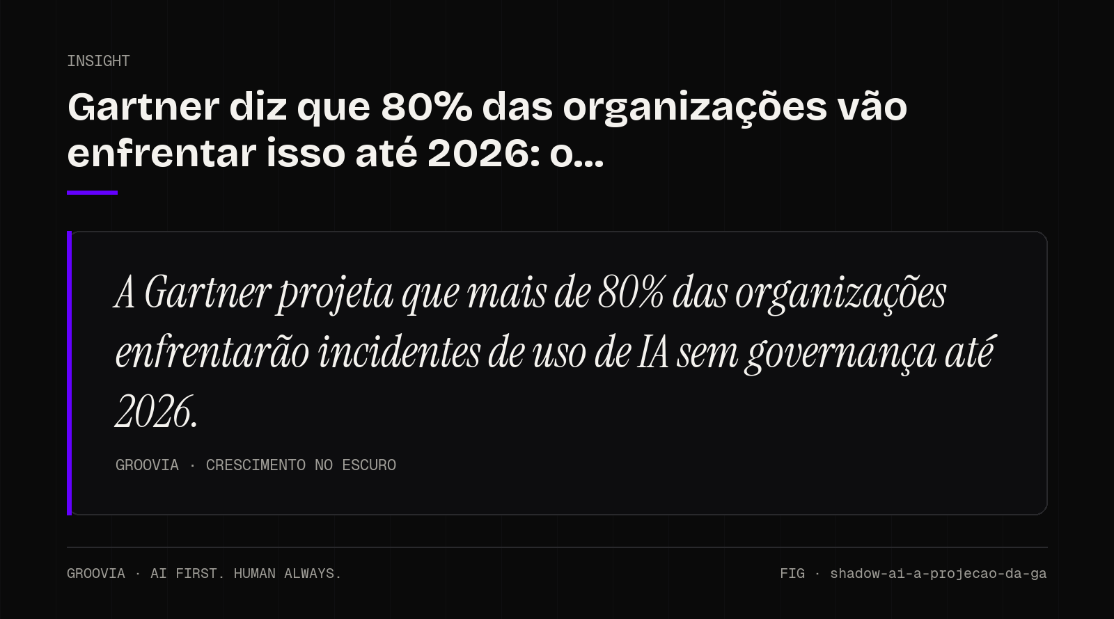 Insight sobre uso de IA sem governança: A Gartner projeta que mais de 80% das organizações enfrentarão incidentes de uso de IA sem governança até 2026.