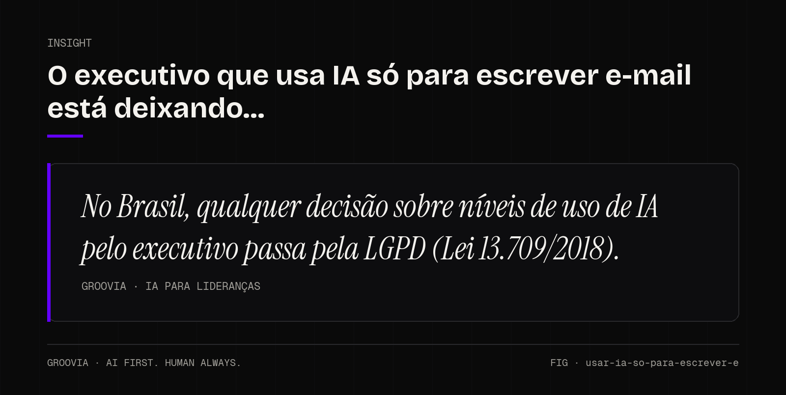 Insight sobre níveis de uso de IA pelo executivo: No Brasil, qualquer decisão sobre níveis de uso de IA pelo executivo passa pela LGPD (Lei 13.709/2018).