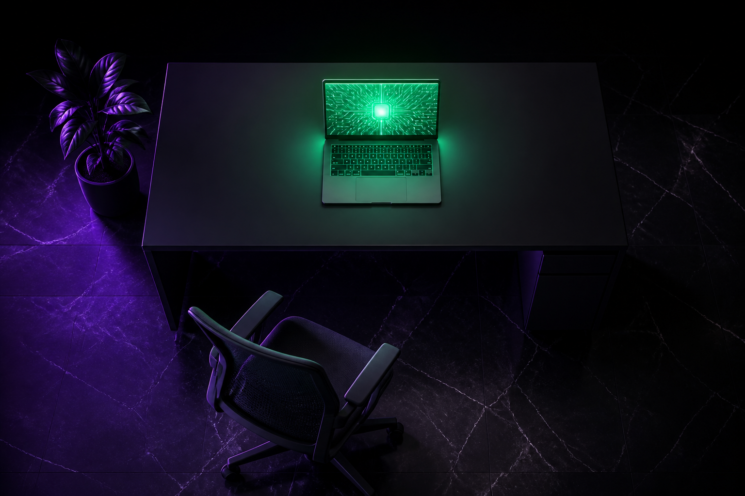Mesa de escritório vista de cima com cadeira vazia afastada e laptop emitindo luz neon verde, simbolizando posição removida antes do ganho real chegar