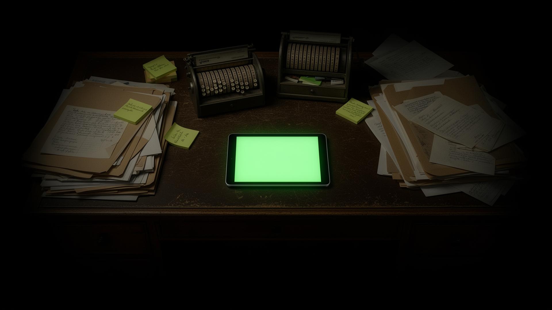 Mesa antiga coberta de pastas e papéis com um tablet brilhando em luz verde no centro, contraste entre rotina antiga e ferramenta nova