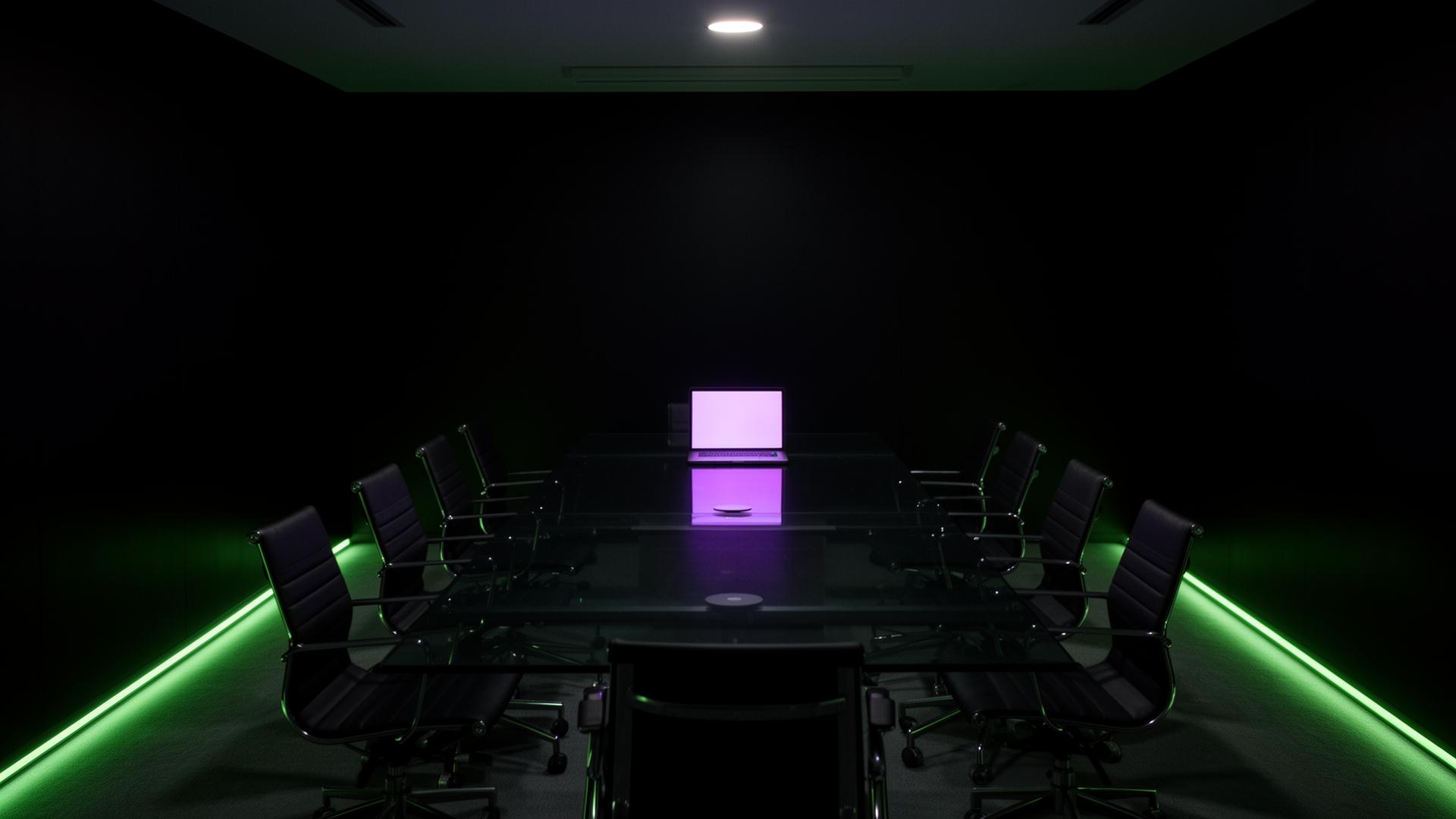 Sala de reunião vazia à noite, com um único laptop ligado emitindo luz violeta sobre a mesa